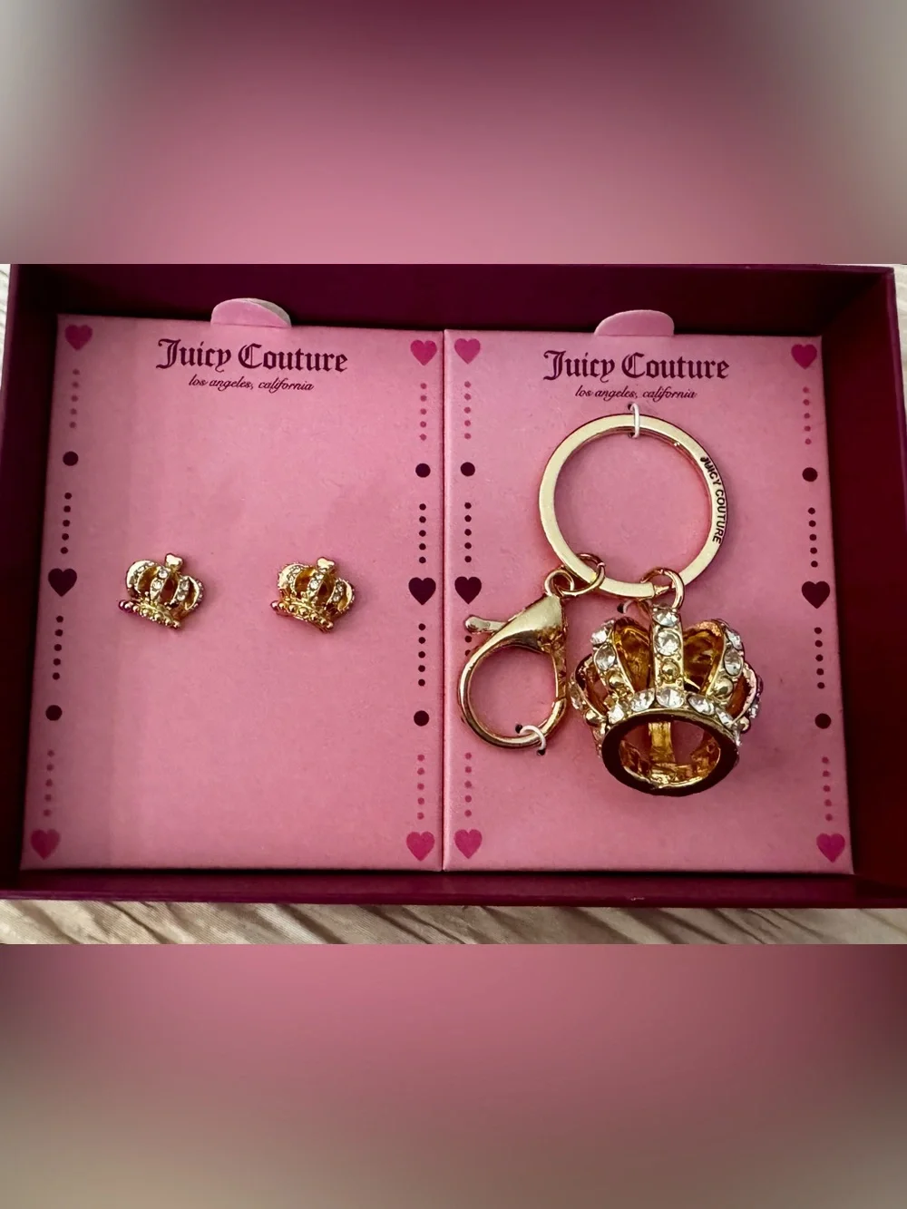 Juicy Couture Gold Crown Stud Earrings with Matching Crown Keyring